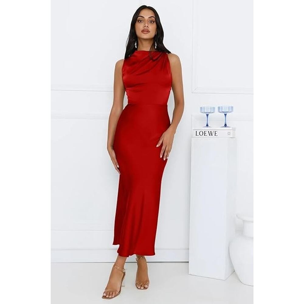 Memoriesea Women's Sexy Sleeveless Cowl Neck Flowy A Line Party Cocktail Midi Dr - Picture 3 of 6